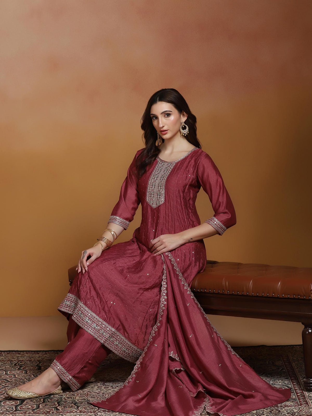 Chinon Rust Embroidered Kurta Comfort Pant Dupatta
