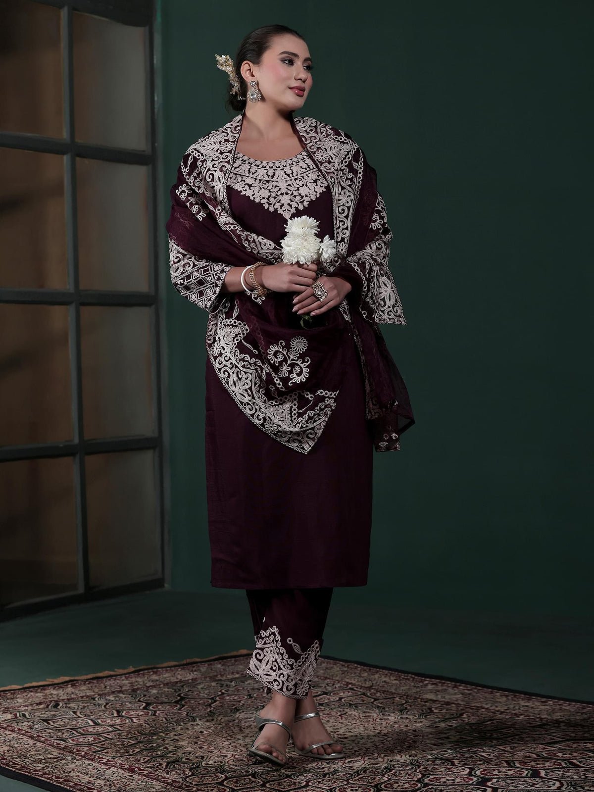 Poly Viscose Wine Embroidered Kurta Comfort Pant Dupatta