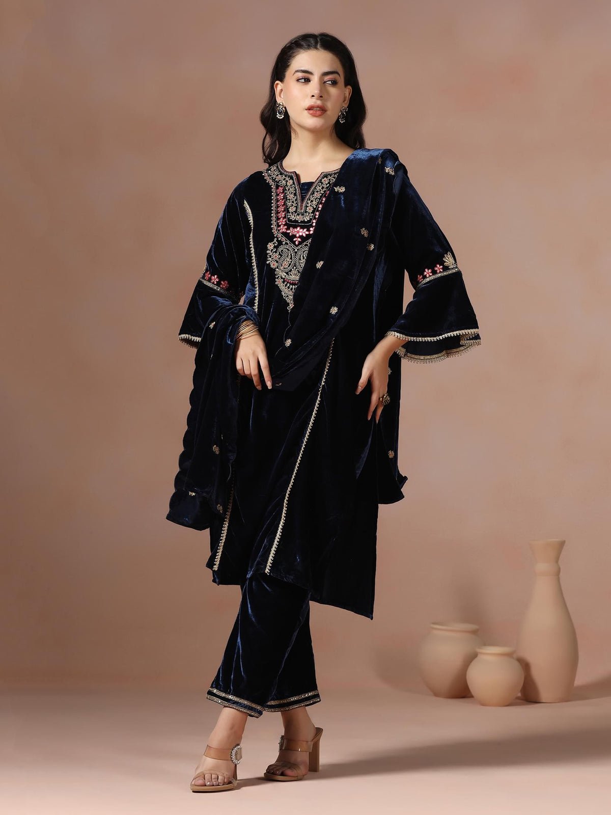 Wear Velvet Blue Embroidered Kurta Comfort Pant Dupatta