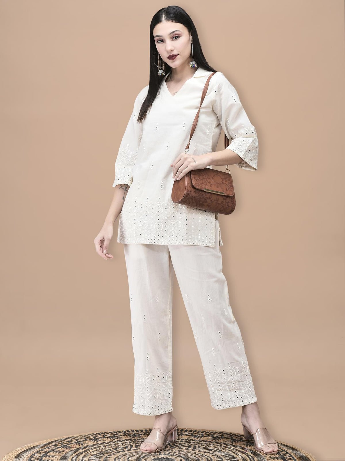 Cotton Off White Embroidered Co-Ord Set (Style 21011)