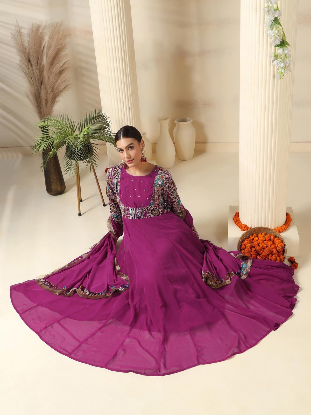 Georgette Magenta Embroidered Dress With Dupatta
