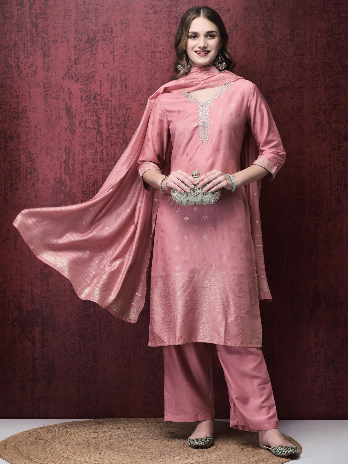 Liva Peach Foil Print Kurta Comfort pant Dupatta