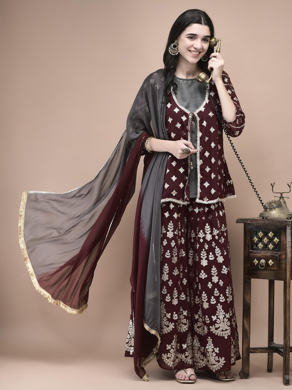 Georgette Maroon Foil Print Kurta Split Pant Dupatta