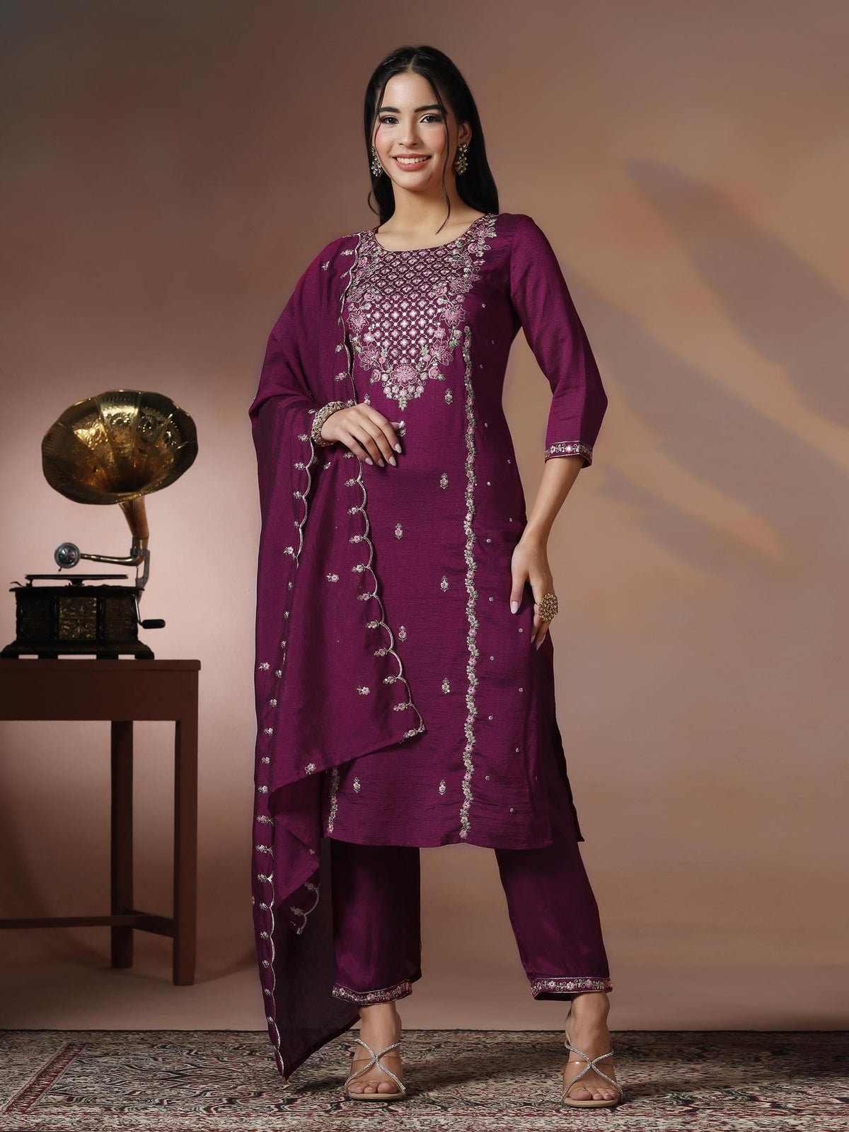 Silk Blend Orchid Embroidered Kurta Comfort Pant Dupatta (Style SIDH-26177 KB)