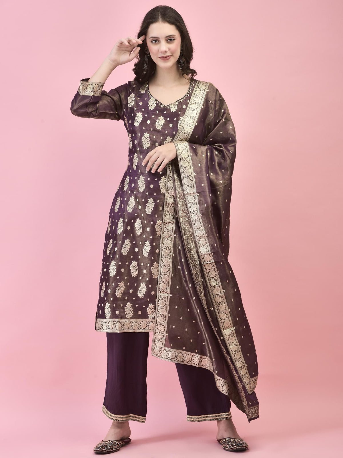 Silk Purple Woven Jacquard Kurta Comfort Pant Dupatta