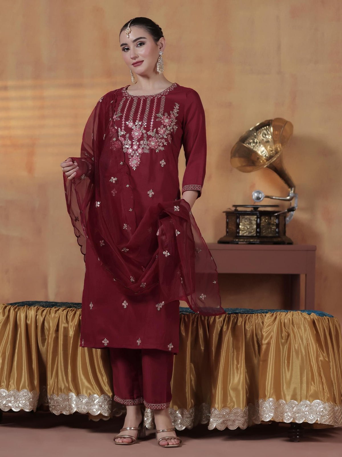 Silk Blend Maroon Embroidered Kurta Comfort Pant Dupatta (Style SIDH-26176 KB)