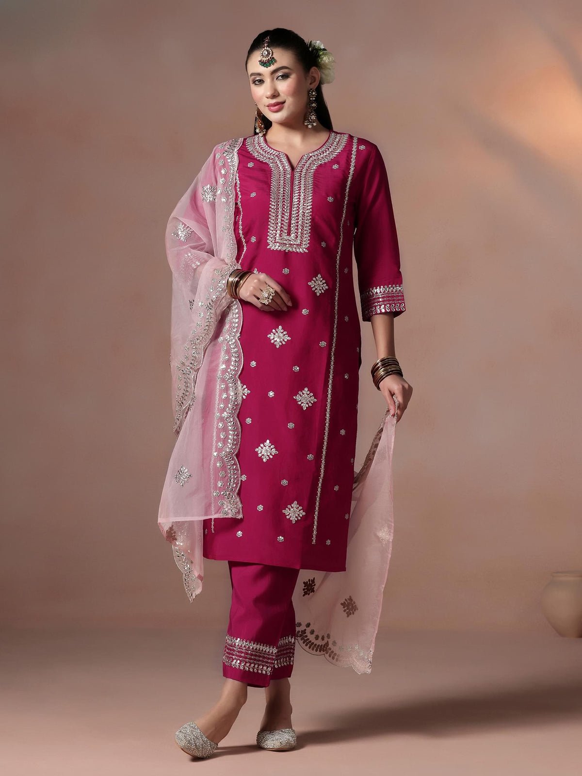 Chanderi Pink Embroidered Kurta Comfort Pant Dupatta
