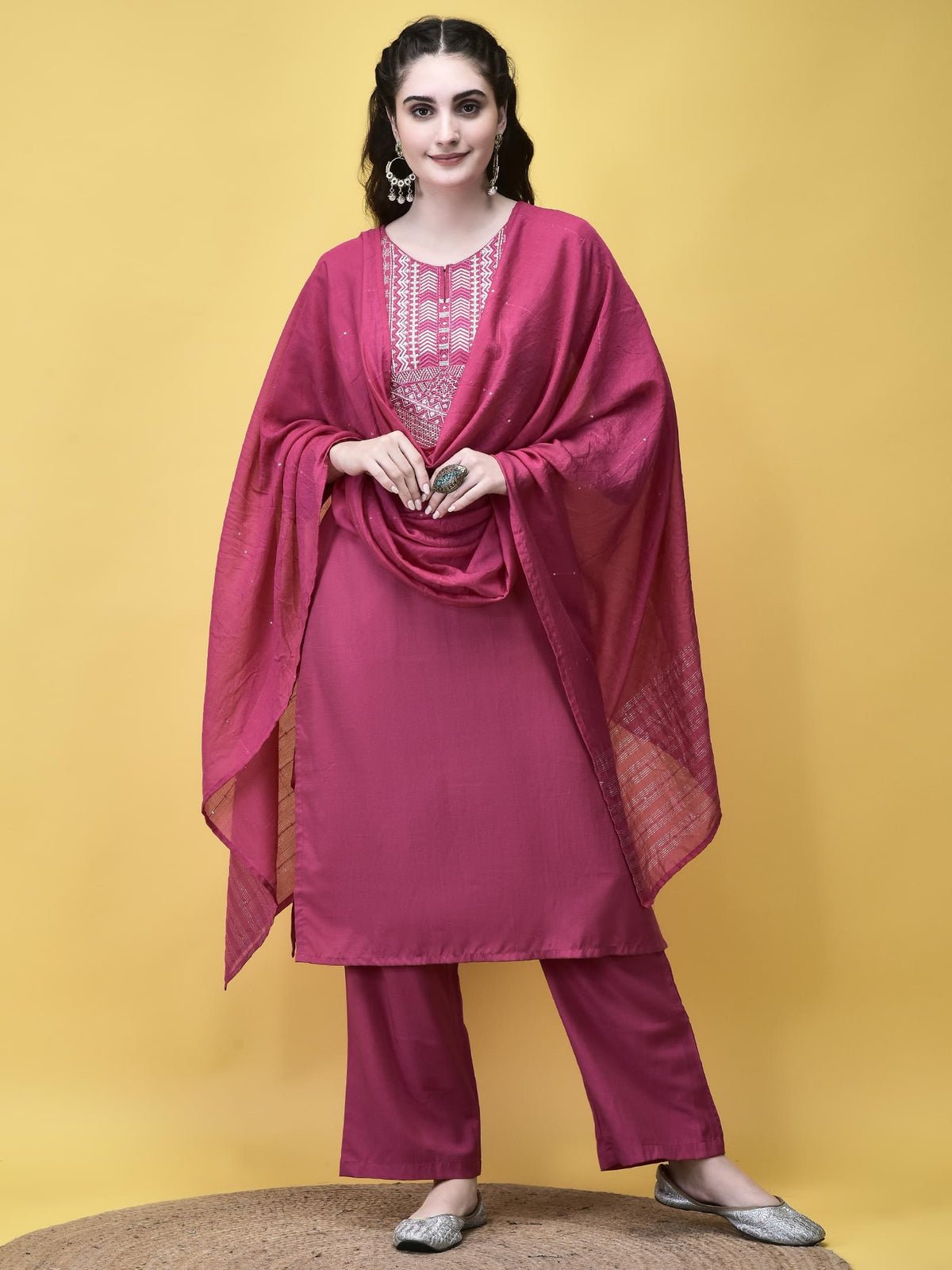 Poly Viscose Pink Embroidered Kurta Comfort Pant Dupatta (Style 20460)
