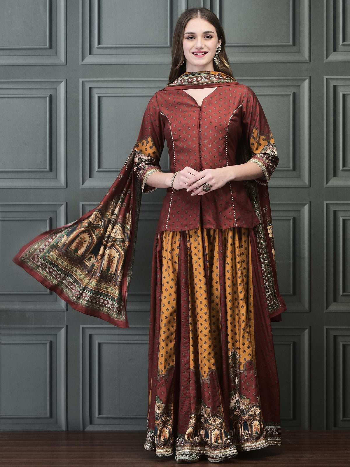 Chanderi Rust Kurta Skirt Dupatta