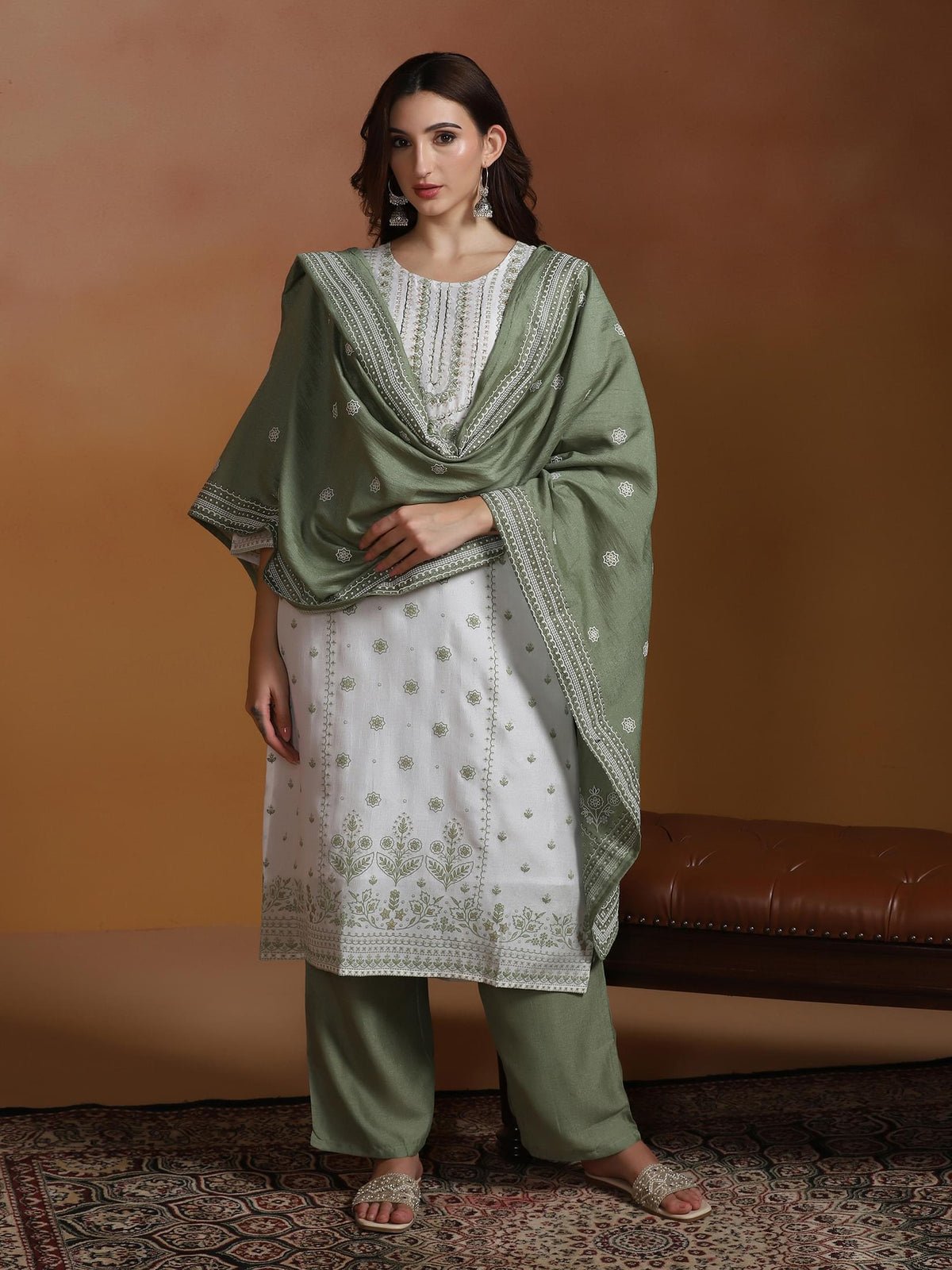 Poly Viscose Off White and Green Embroidered Kurta Comfort Pant Dupatta