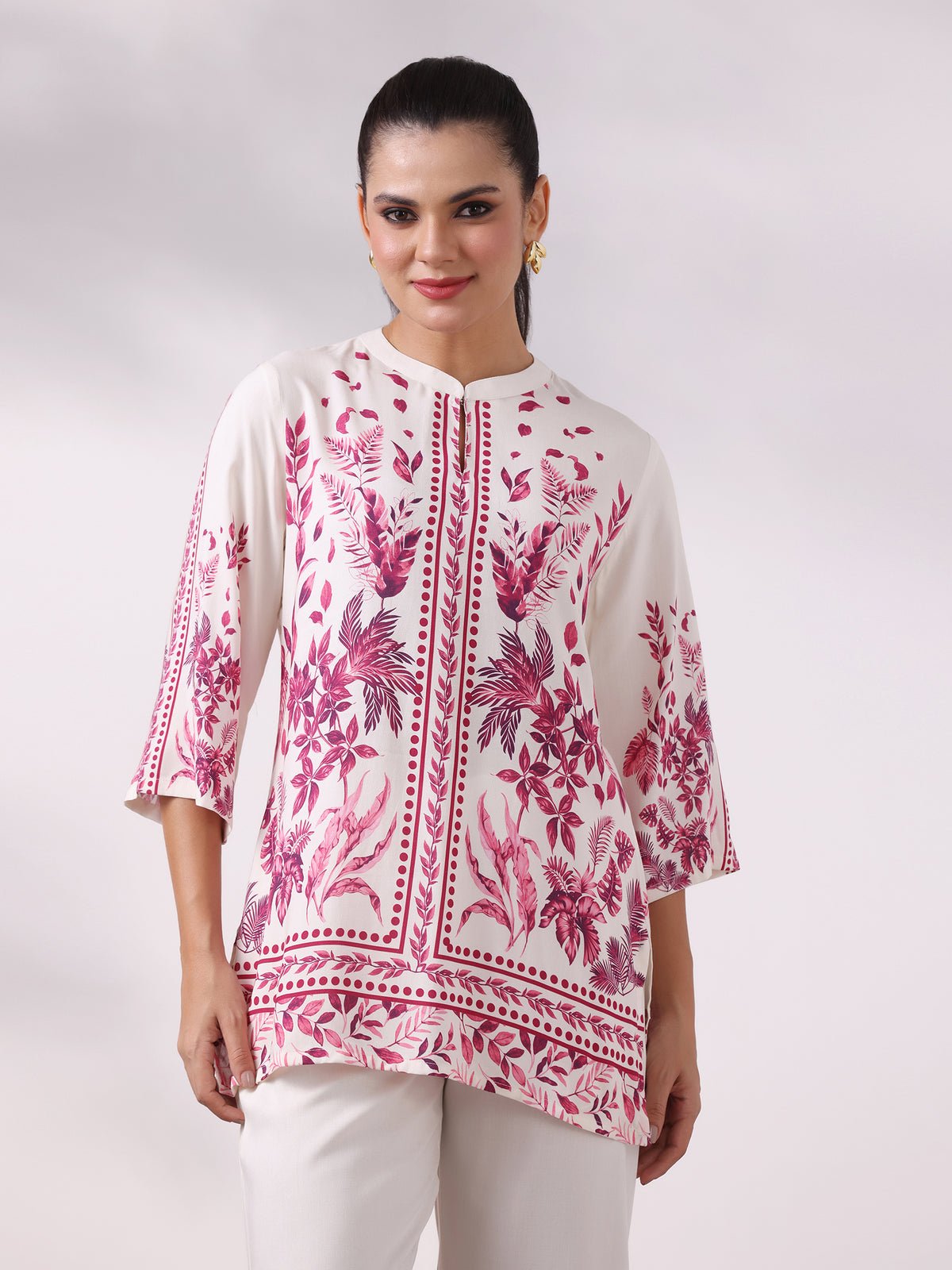 Liva Off White and Pink Floral Print Tunic