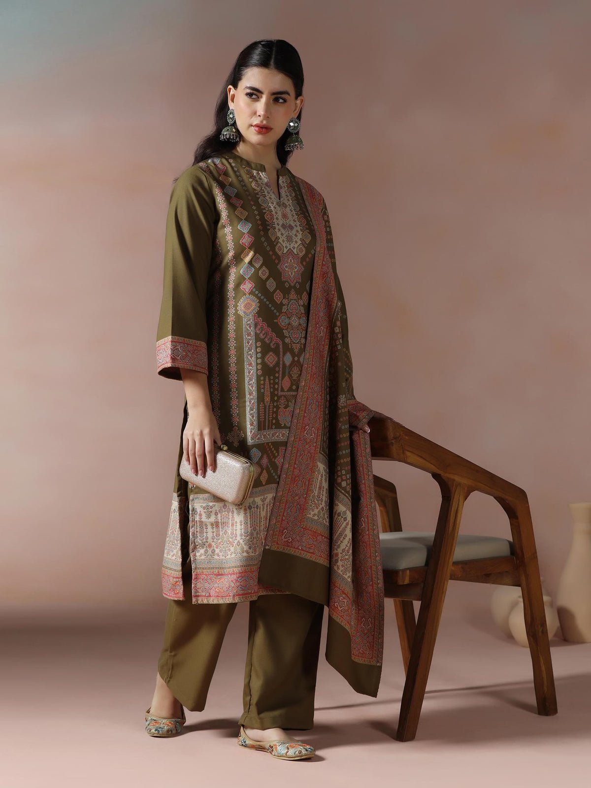 Acrylic Jacquard Olive Woven Kurta Comfort Pant Dupatta
