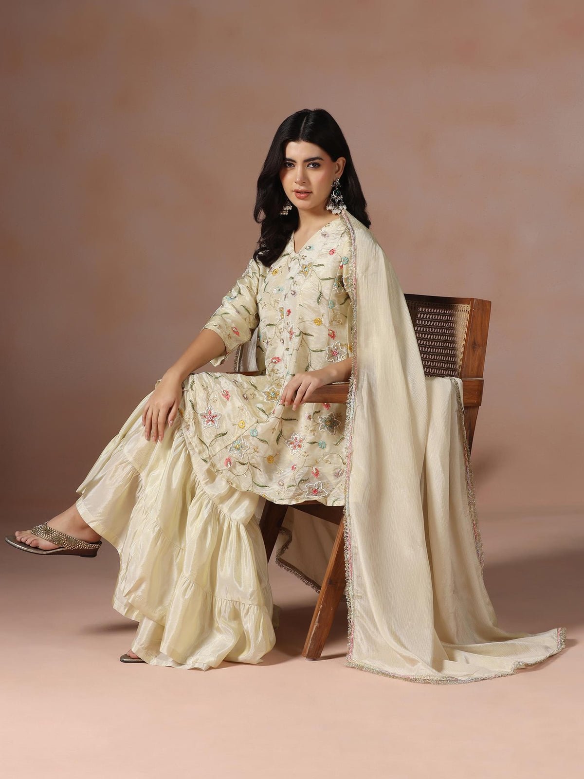 Viscose Beige Embroidered Kurta Sharara Dupatta