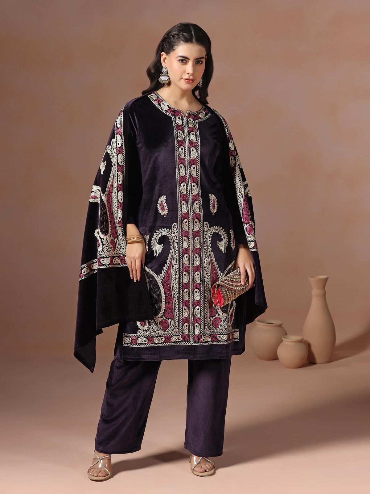 Wear Velvet Purple Embroidered Kurta Comfort Pant Dupatta
