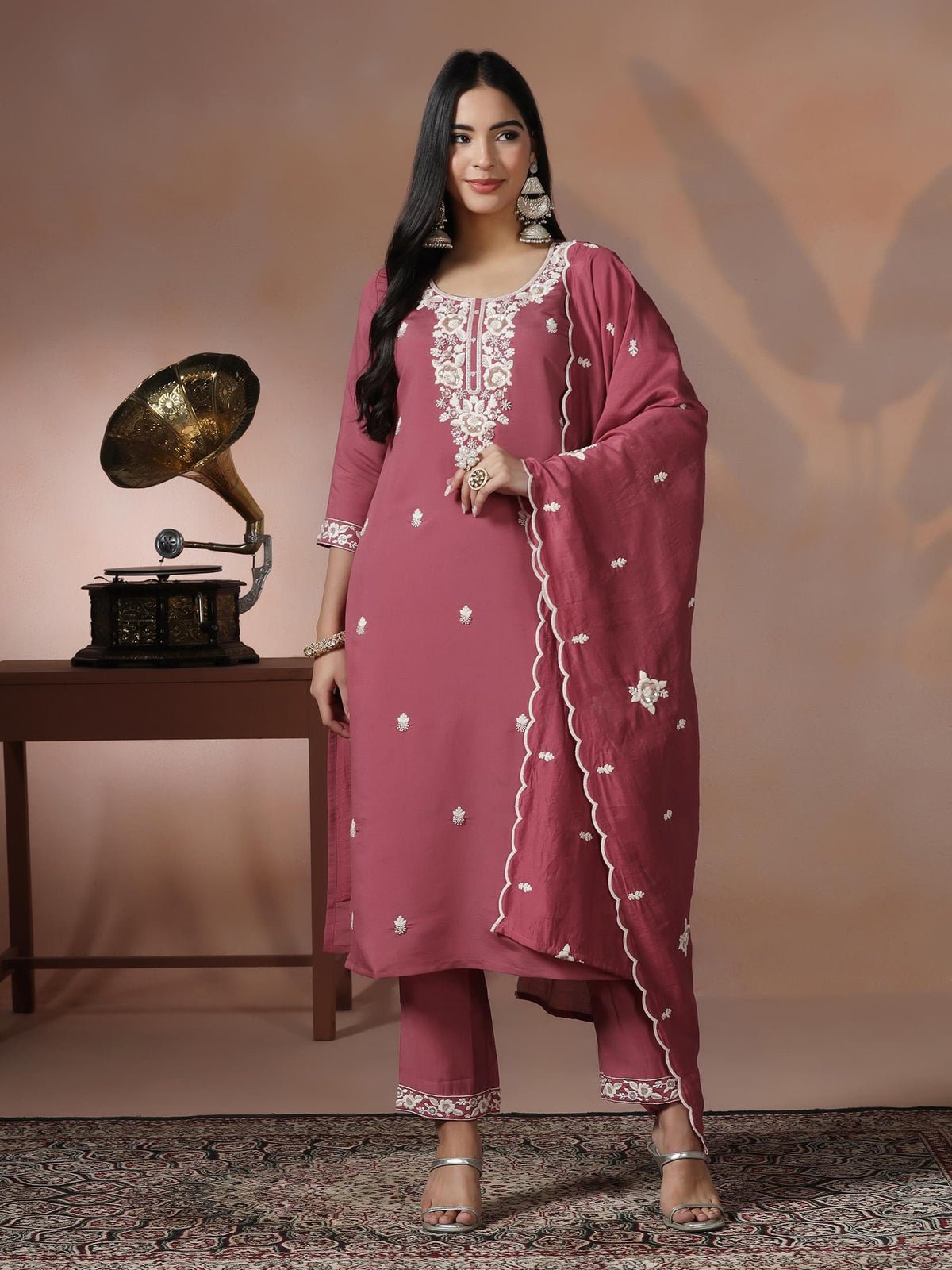 Silk Blend Peach Embroidered Kurta Comfort Pant Dupatta