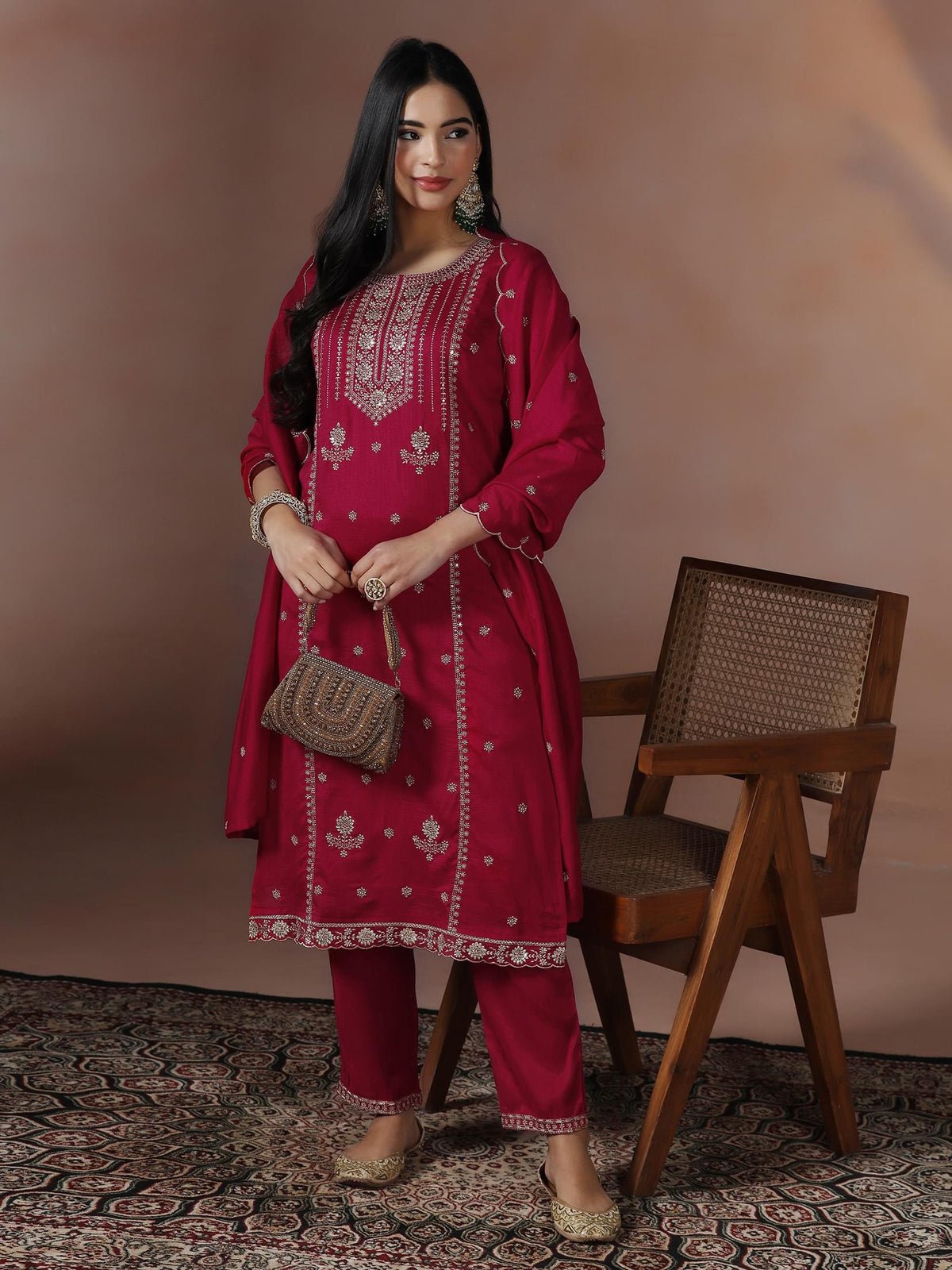 Silk Blend Fuchsia Embroidered Kurta Comfort Pant Dupatta (Style SIDH-26162 KB)