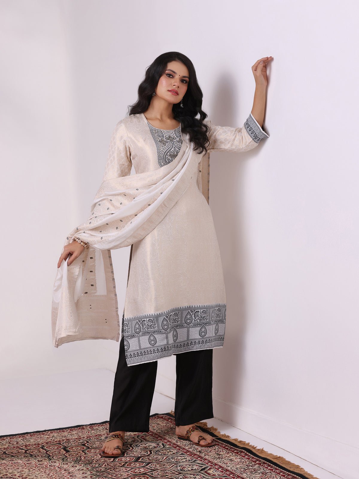Viscose Jacquard Off White and Black Woven Kurta Comfort Pant Dupatta