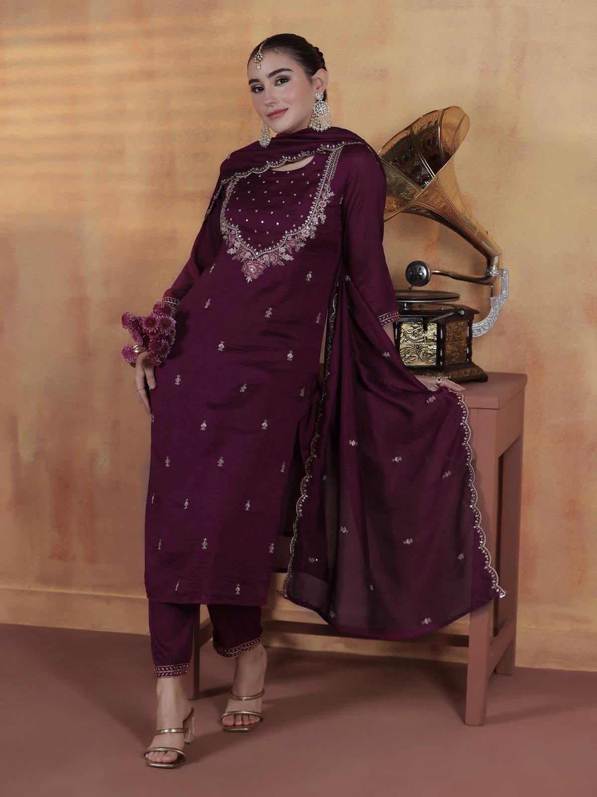 Silk Blend Orchid Embroidered Kurta With Comfort Pant Dupatta