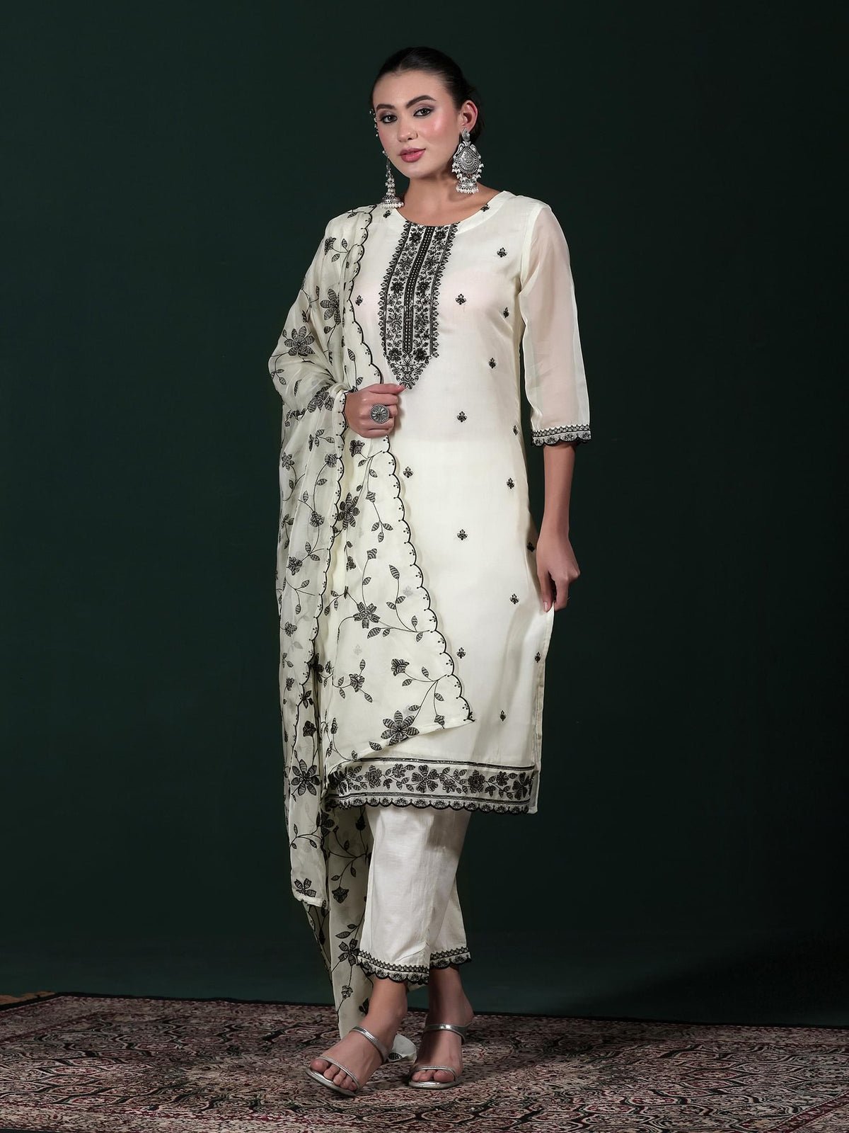 Off White Embroidered Kurta Comfort Pant Dupatta