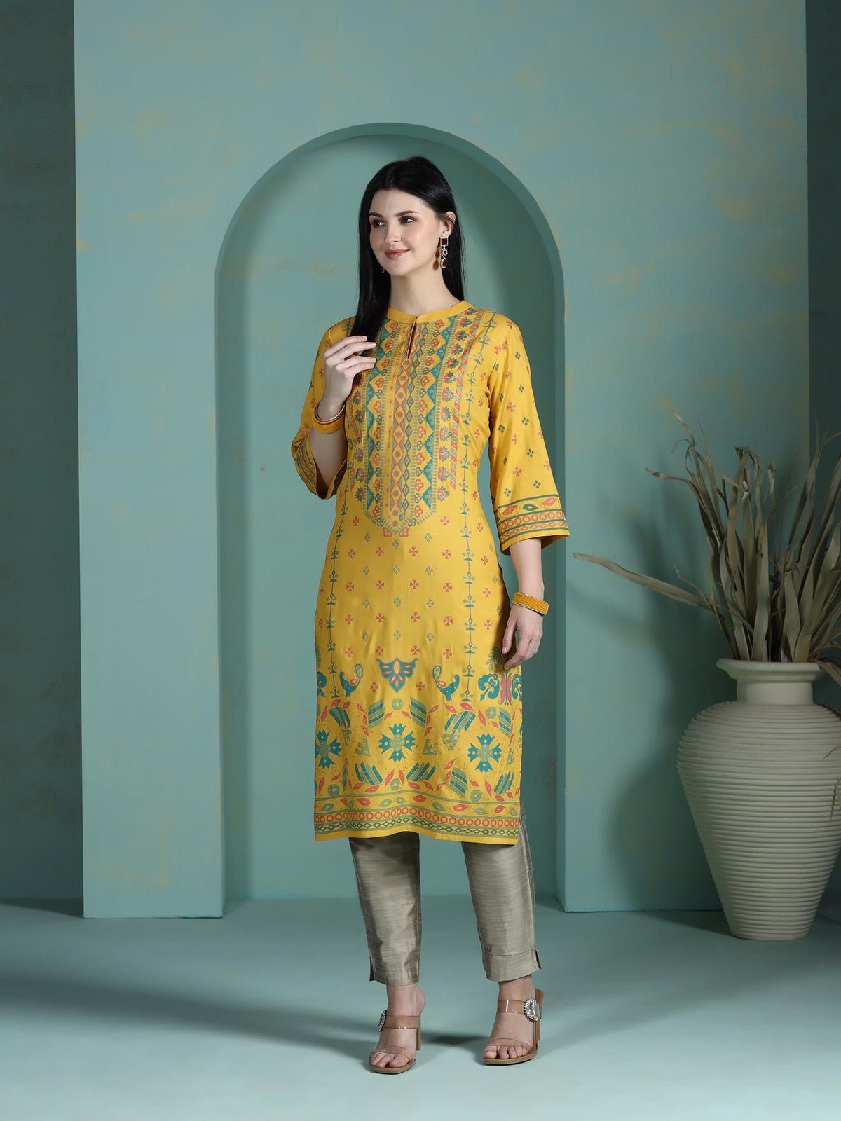 Liva Mustard Placement Print Kurta