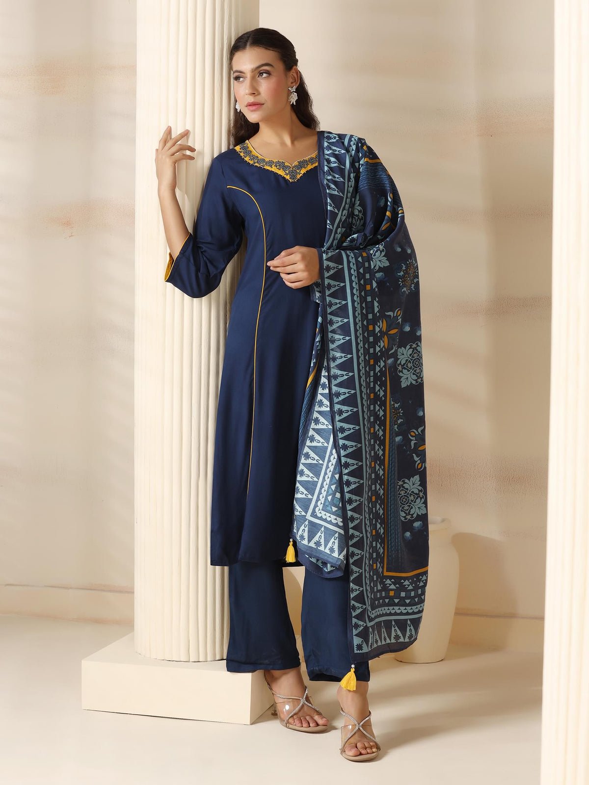 Liva (Rayon) Navy Blue Solid Kurta Comfort Pant Dupatta