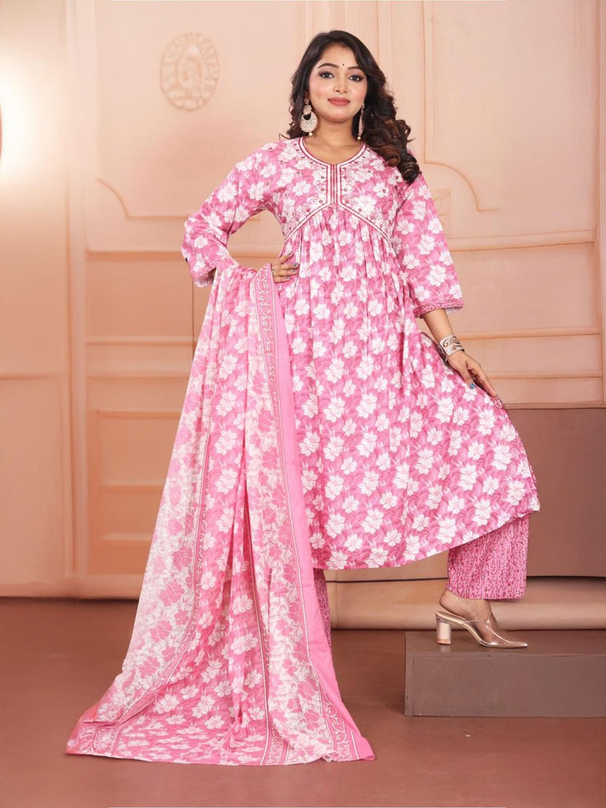 Indiessence White And Pink Floral Kurta Comfort Pant Dupatta