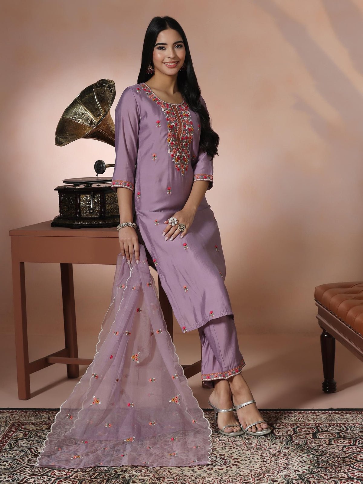 Lilac Silk Blend Embroidered Kurta Comfort Pant Dupatta