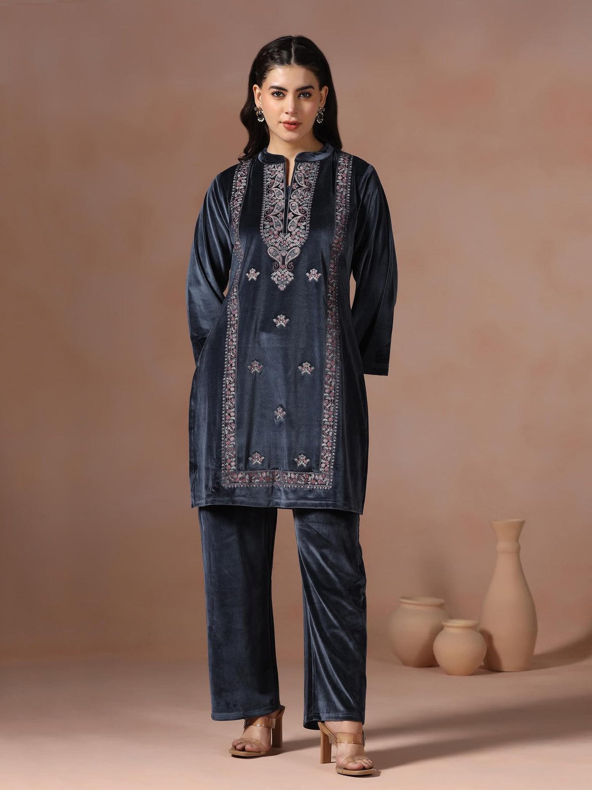 Velvet Grey Embroidered Co-Ord Set