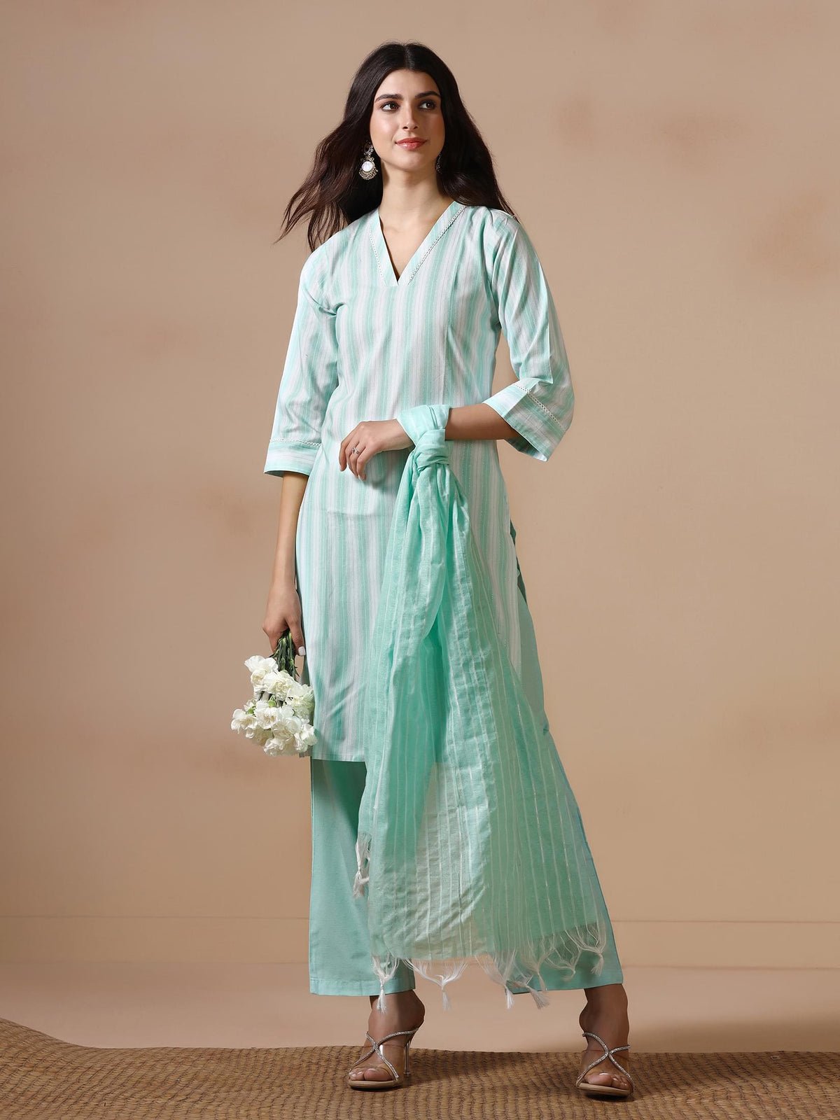 Poly Cotton Green Yarn Dyed Kurta Comfort Pant Dupatta