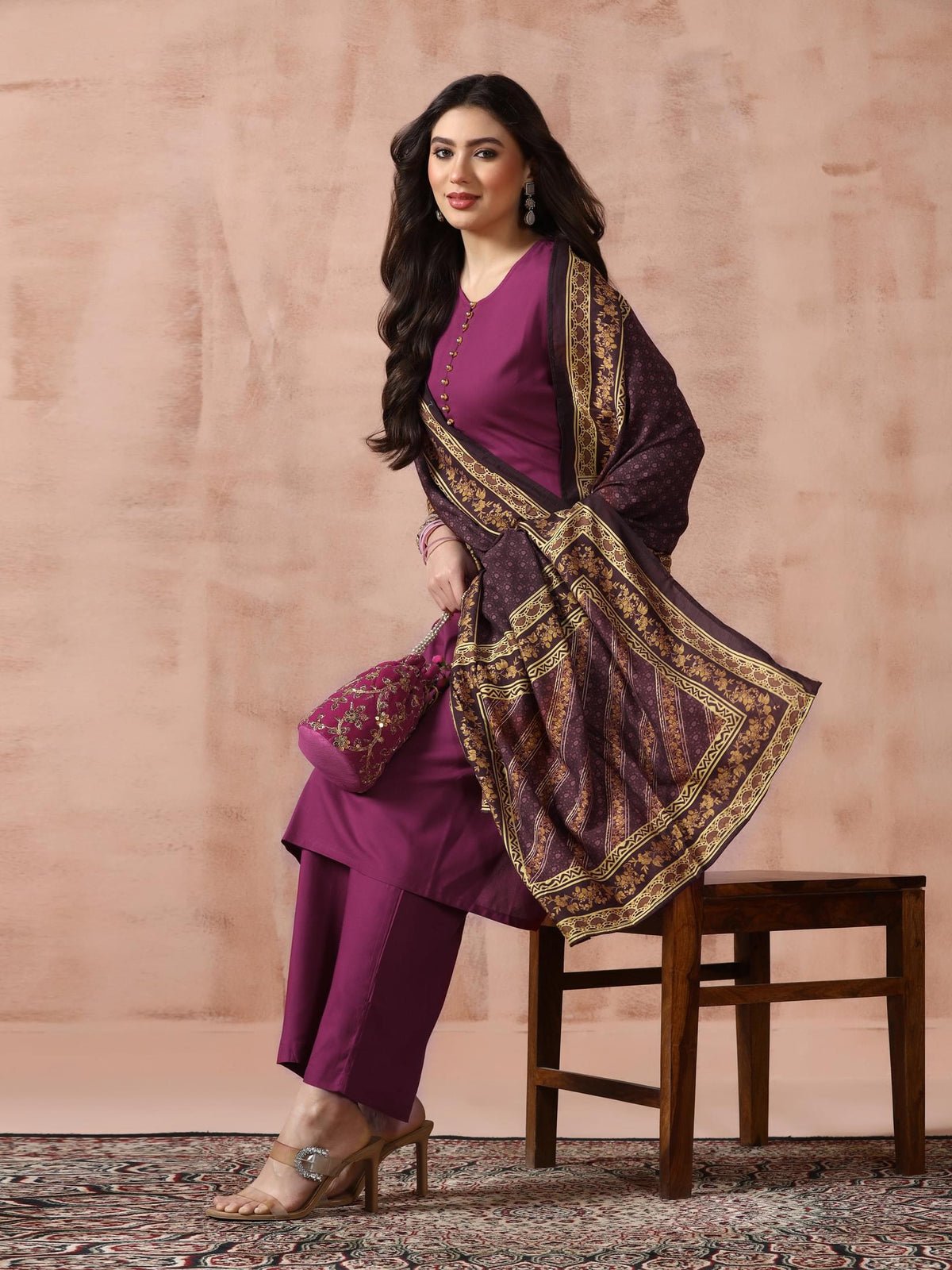 Liva Rayon Purple Solid Kurta Comfort Pant with Printed Chanderi Dupatta