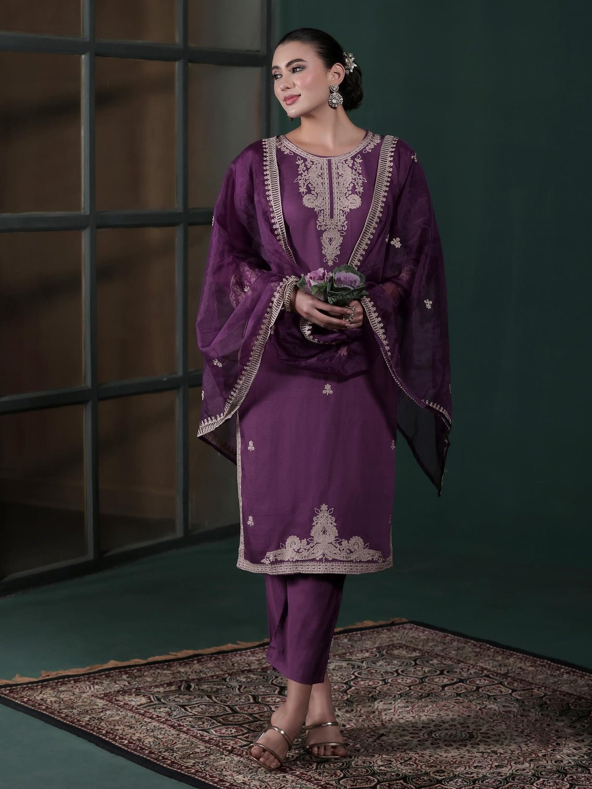 Poly Viscose Lilac Embroidered Kurta Comfort Pant Dupatta