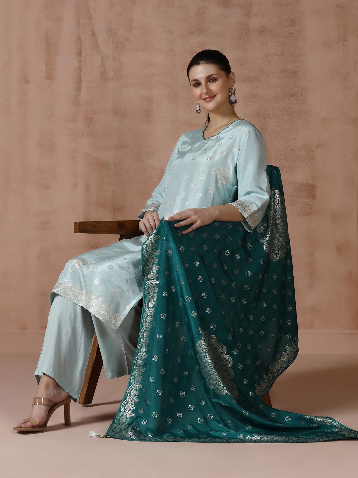 Dola Silk Jacquard Turquoise Blue Woven Kurta Comfort Pant Dupatta