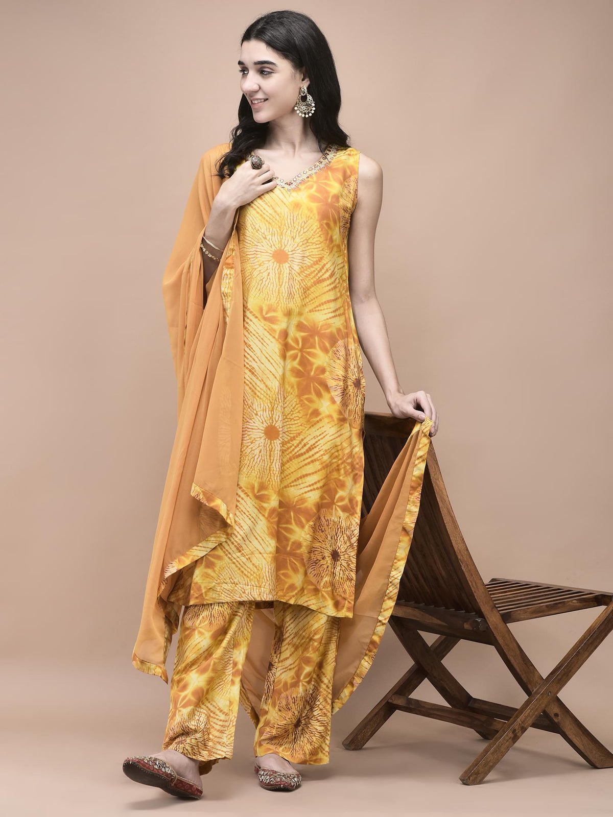 Liva Mustard Tie Dye Print embroidered Kurta Comfort Pant Dupatta