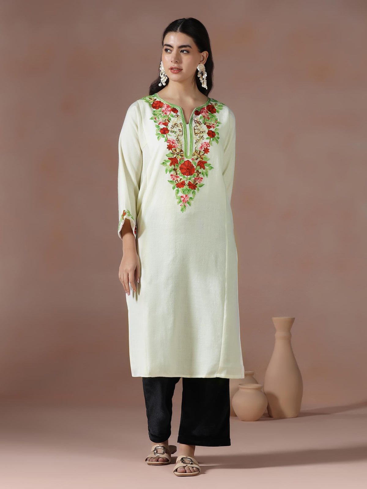 Acrylic Cream Embroidered Kurta