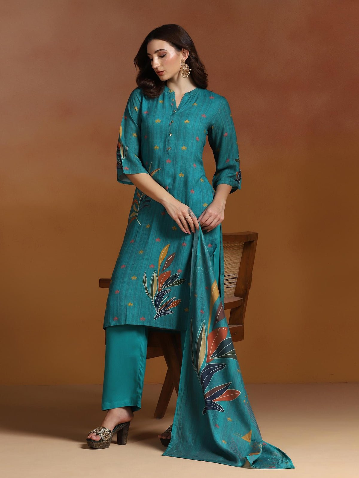 Liva Teal Blue Printed Kurta Comfort Pant Dupatta