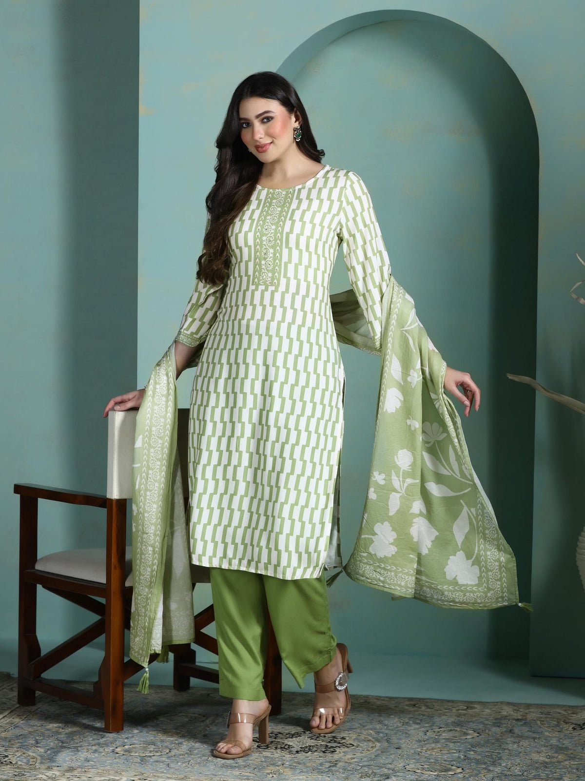 Liva Green Printed Kurta Comfort Pant Dupatta