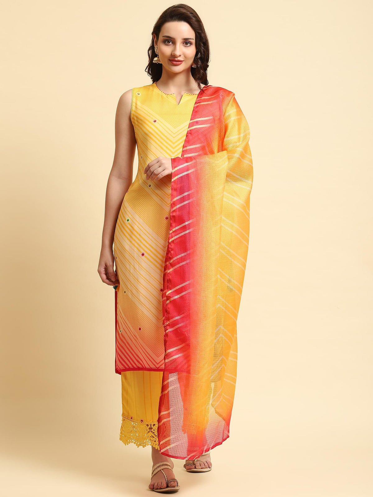 Yellow Geometric Printed Kurta Comfort Pant Dupatta