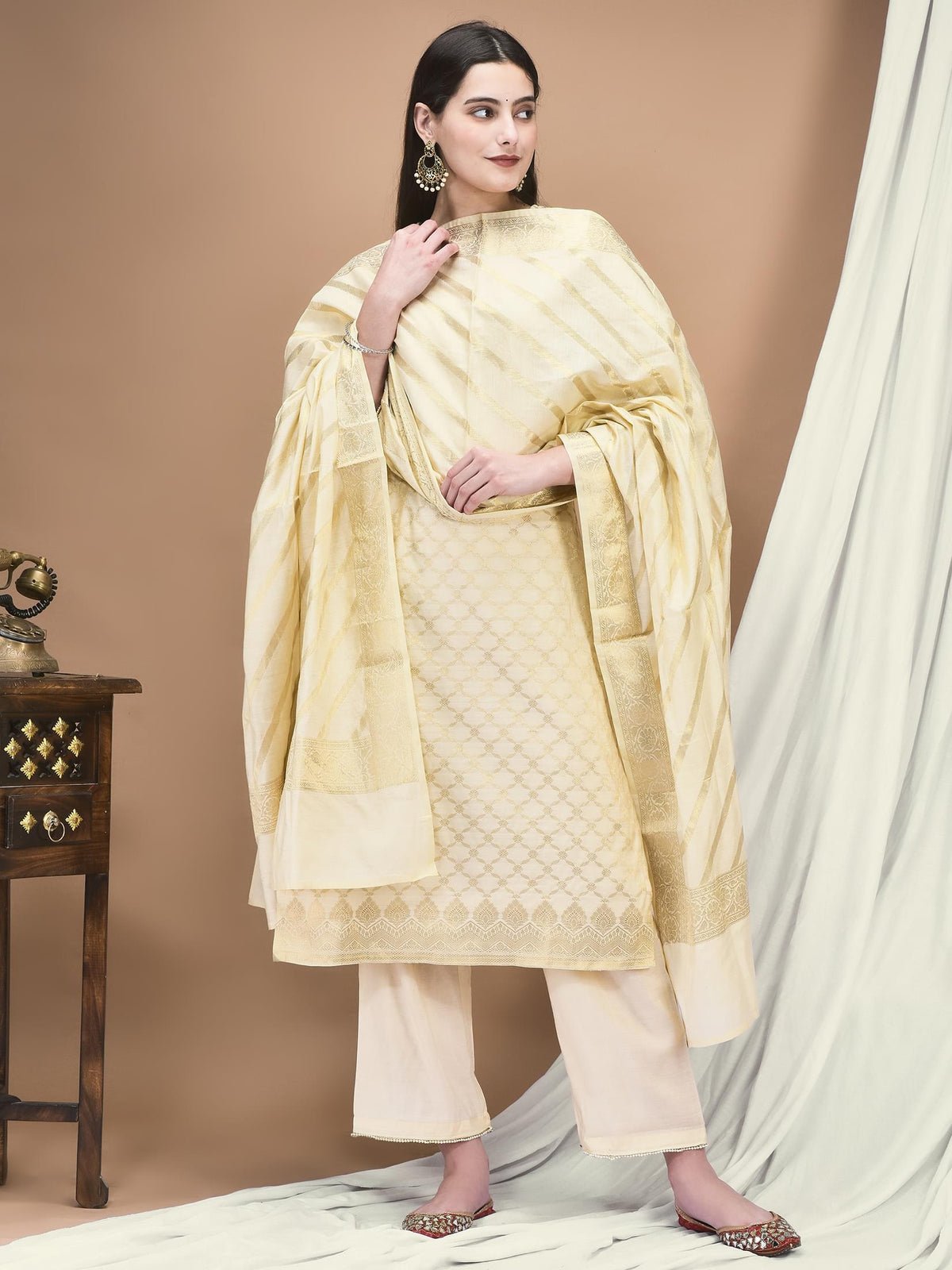 Cotton Jacquard Beige Woven Kurta Comfort Pant Dupatta