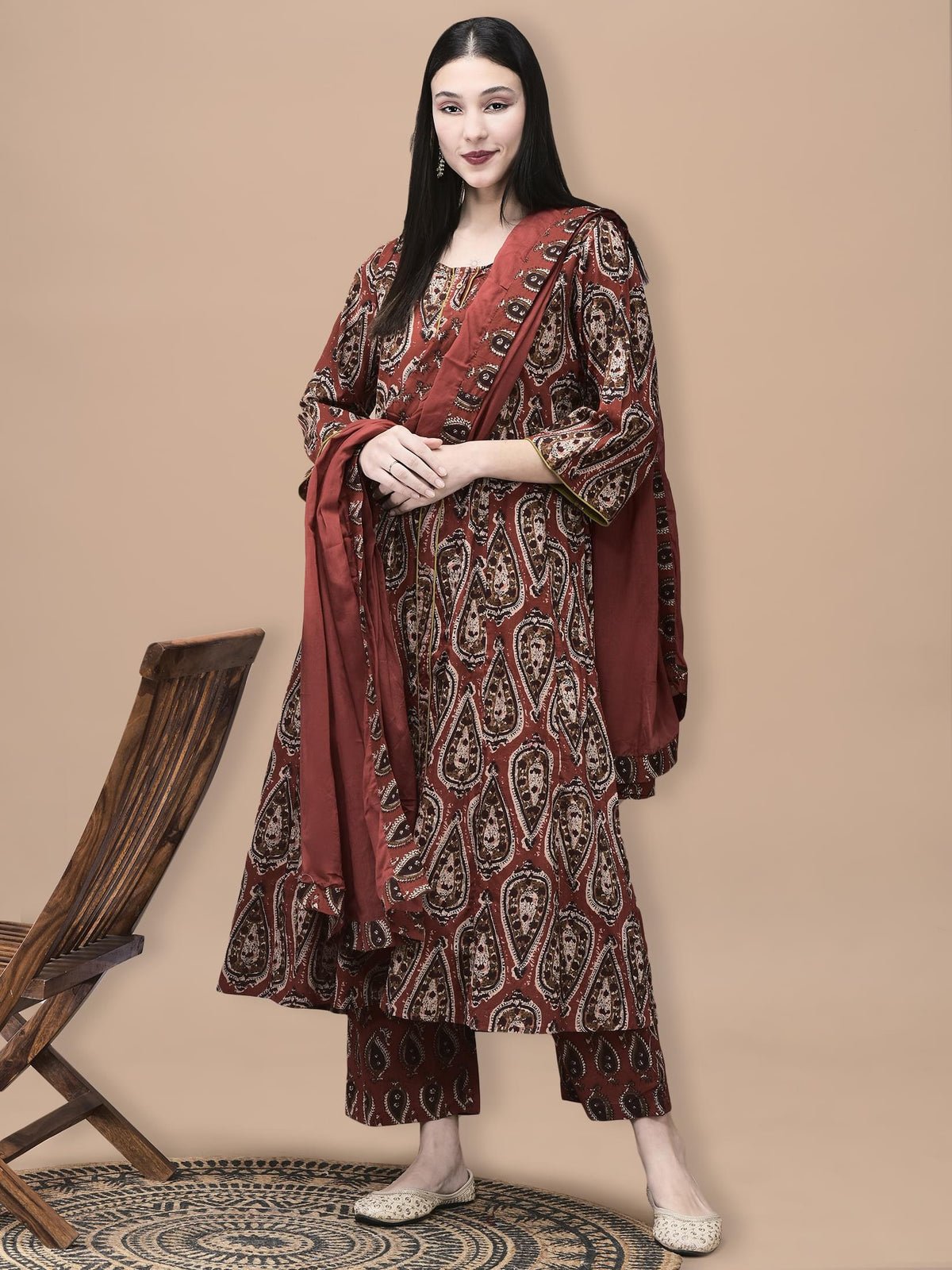 Cotton Rust Geometric Print Kurta Comfort Pant Dupatta