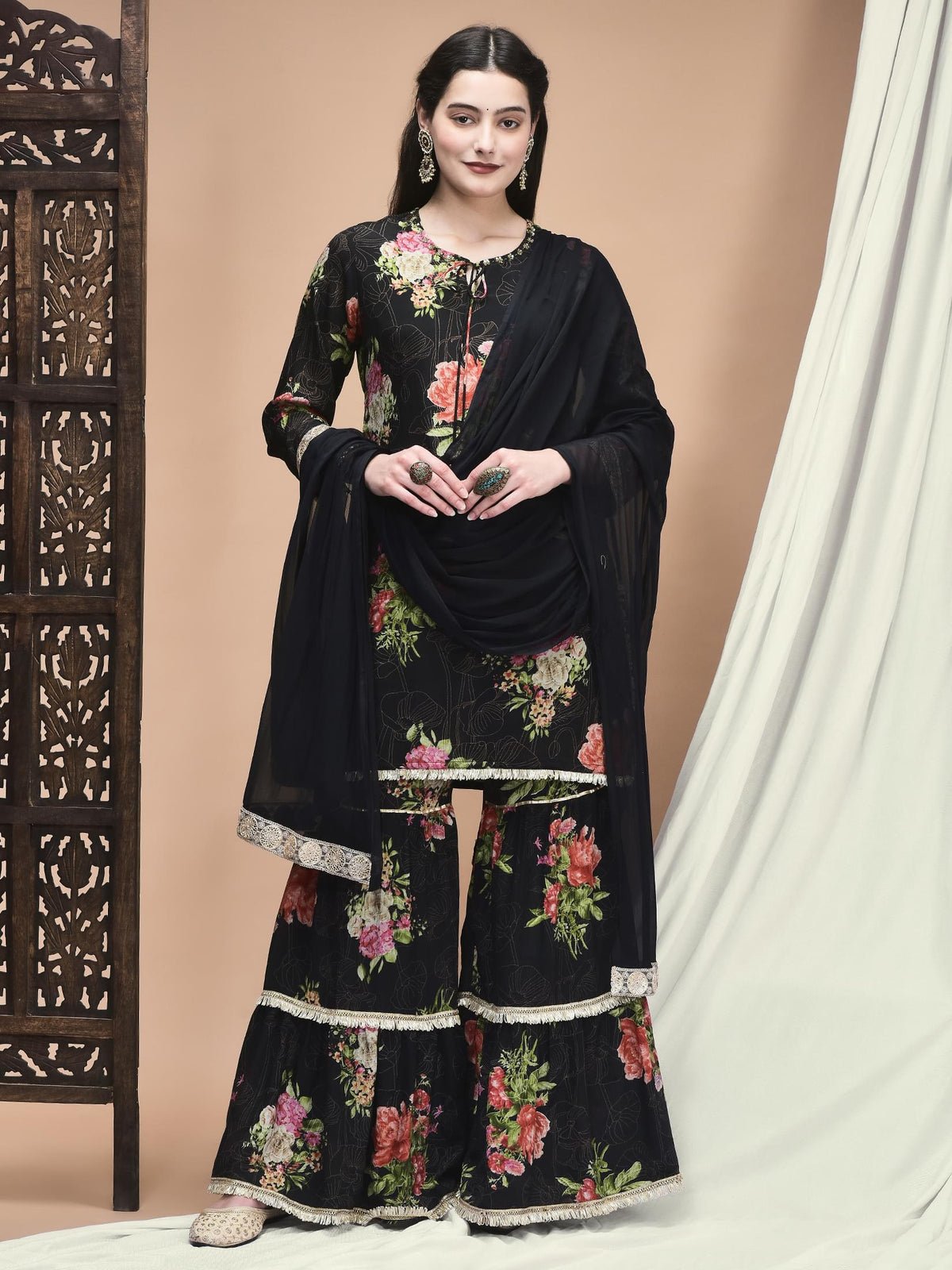 Chinon Black Floral Print Kurta Sharara Dupatta