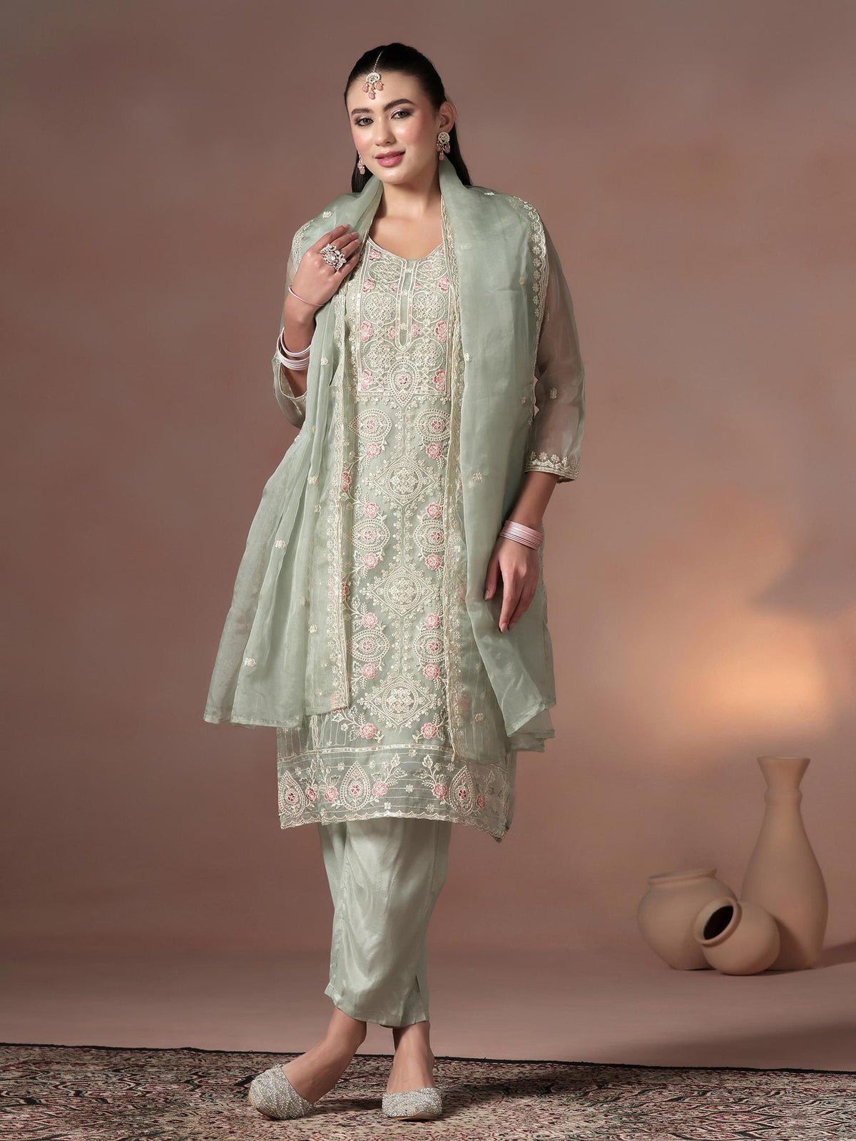 Organza Grey Embroidered Kurta Comfort Pant With Dupatta