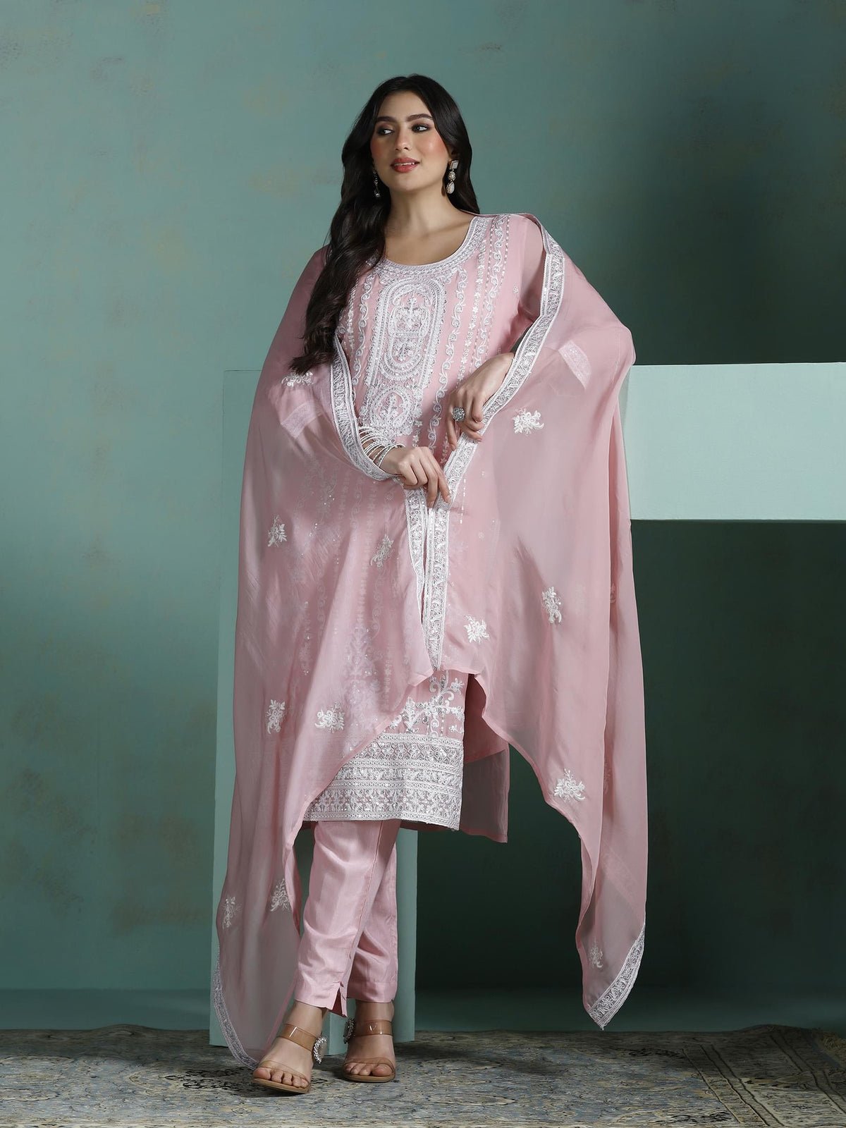 Organza Pink Embroidered Kurta Comfort Pant Dupatta (Style SWF-7197)