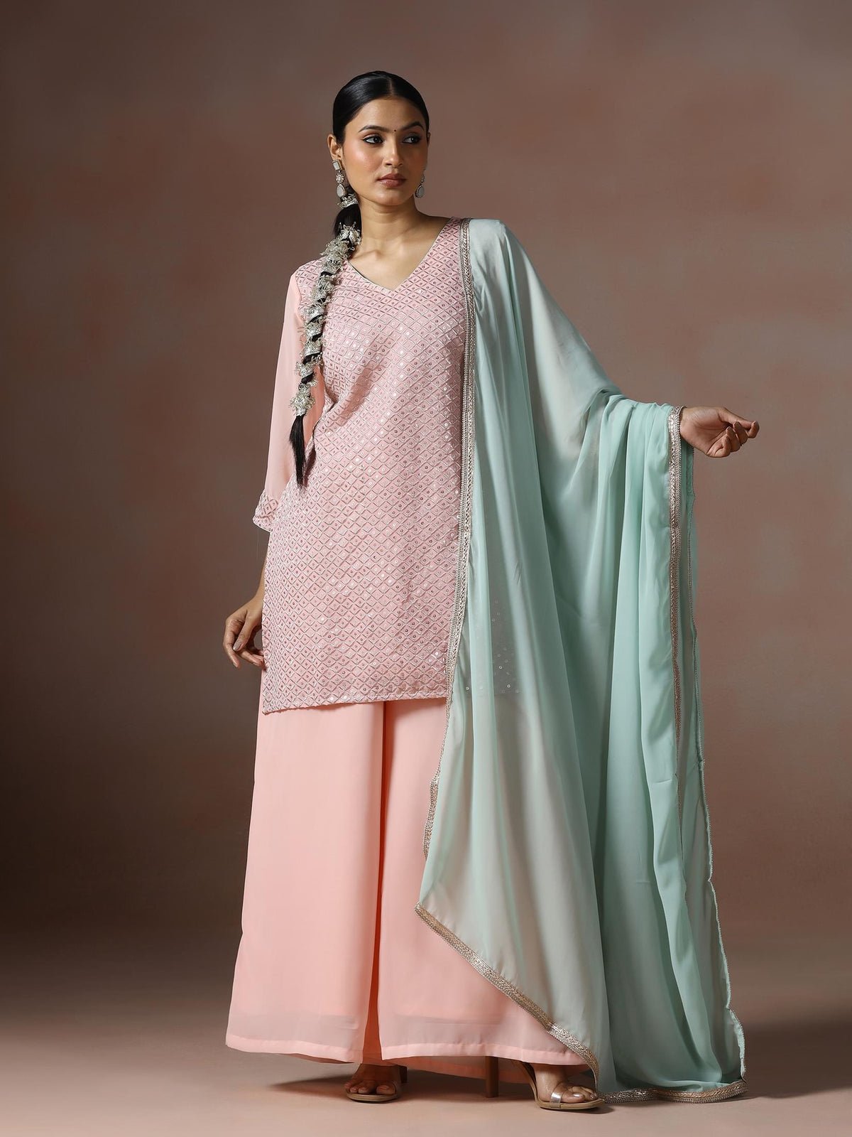 Georgette Pink Embroidered Kurta Split Pant Dupatta