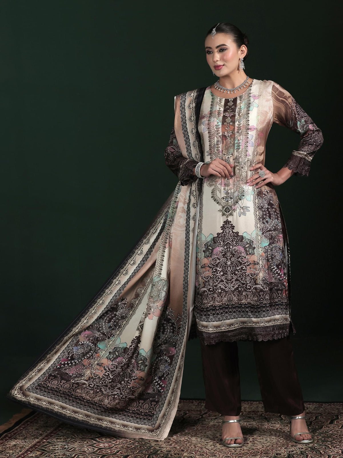 Muslin Beige Printed Kurta Comfort Pant Dupatta