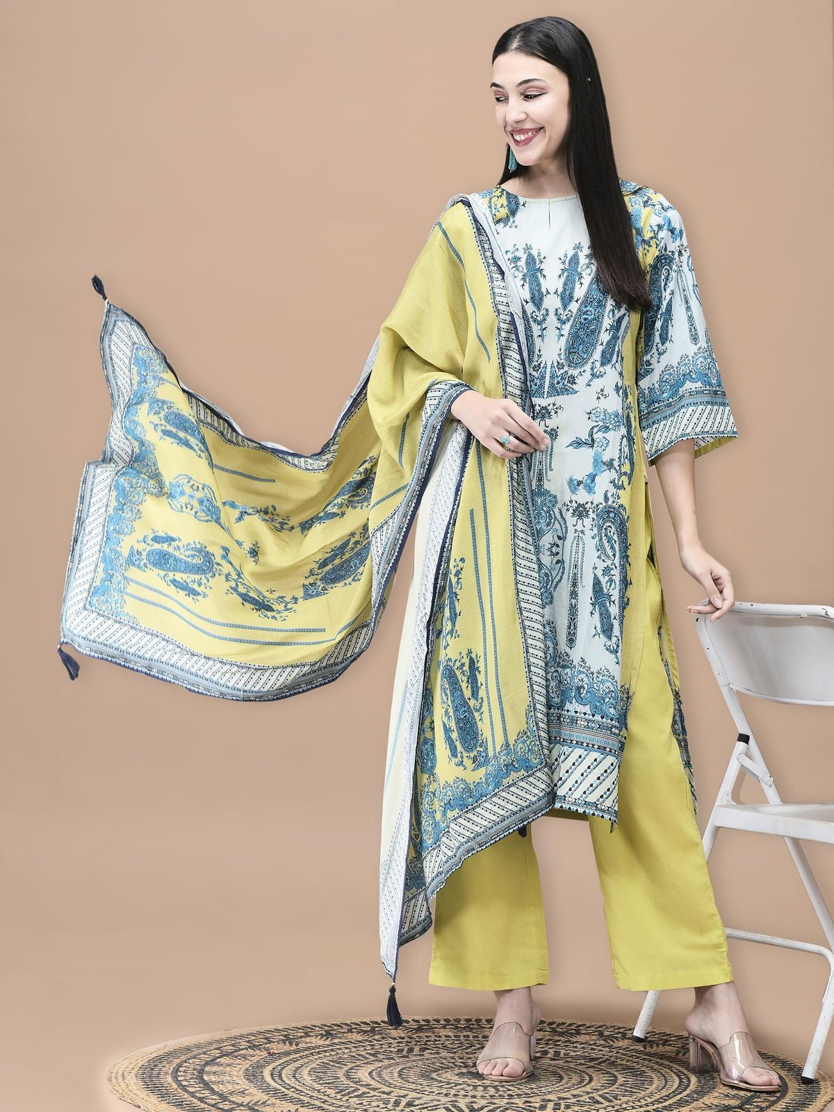 Cotton Blue Floral Print Kurta Comfort Pant Dupatta (Style 20751)