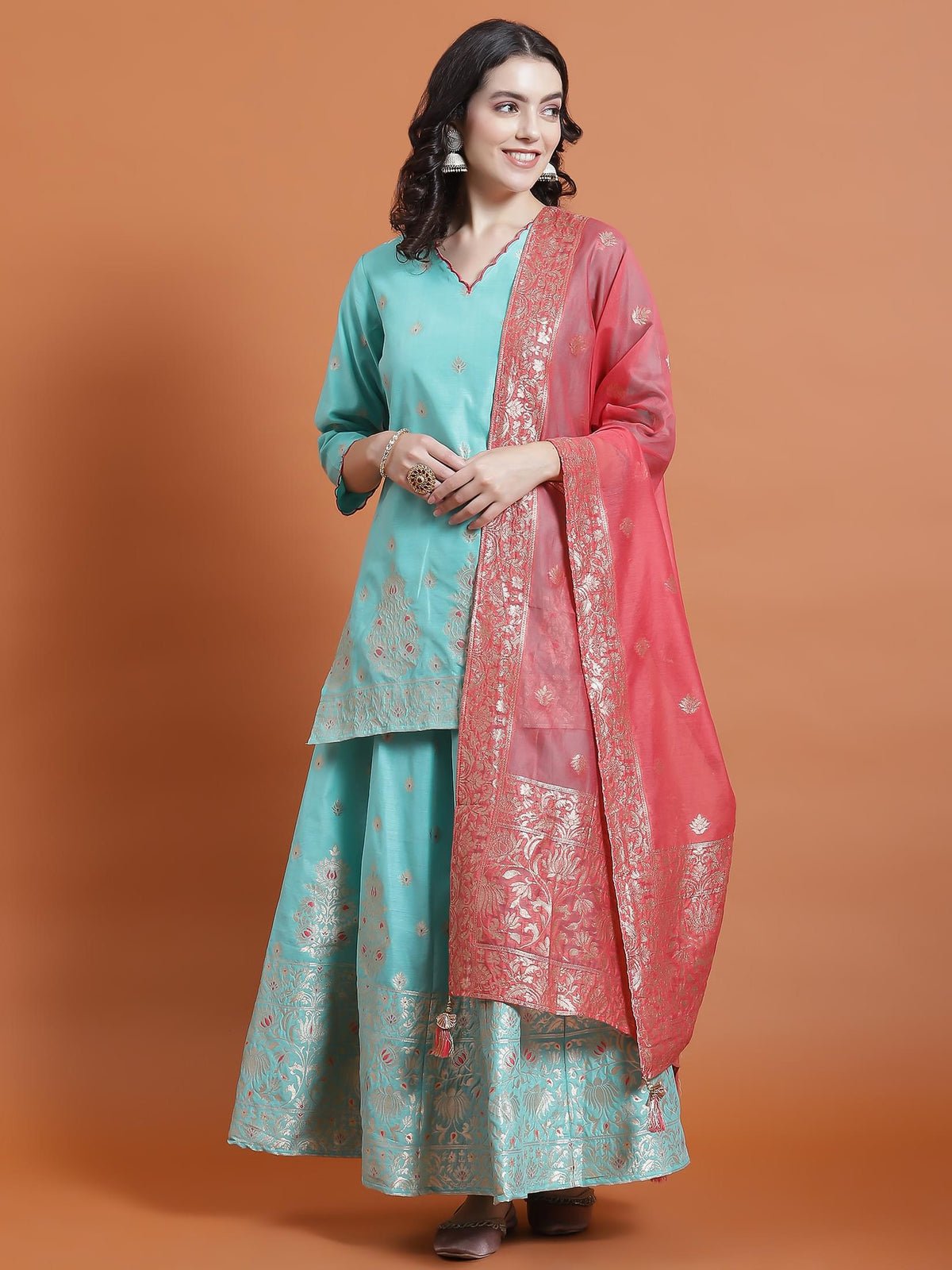 Turquoise Blue Printed Kurti Skirt Dupatta