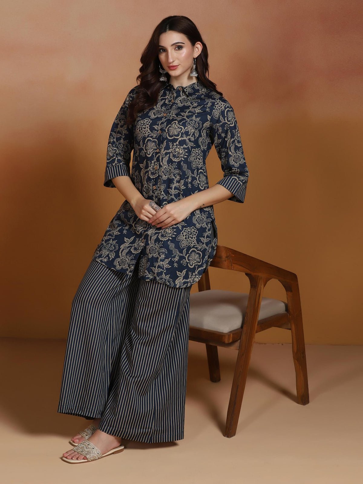 Cambric Indigo Printed Kurta With Wide Leg Pant
