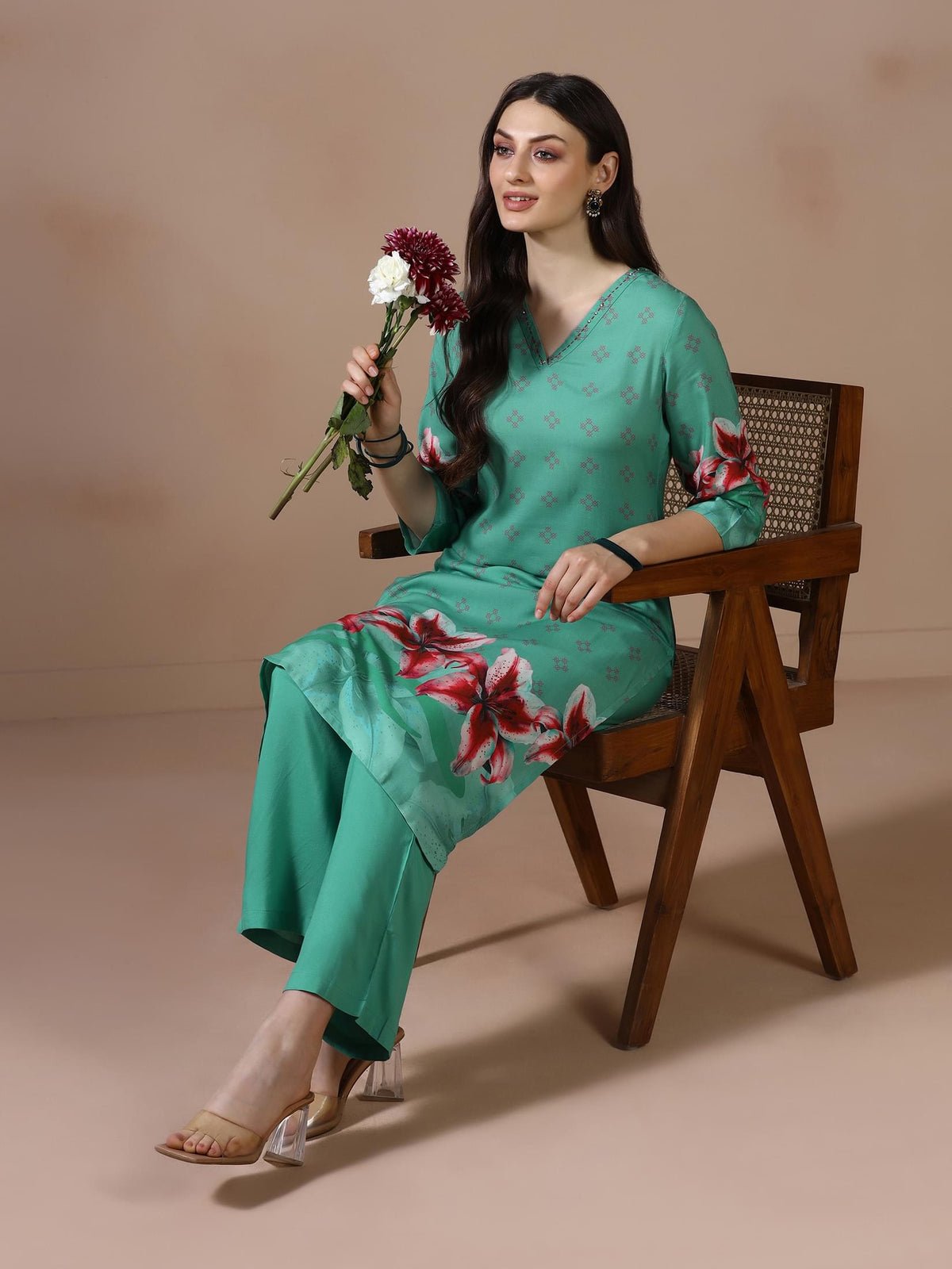 Green Liva Printed Co Ord Set (Style 25522)