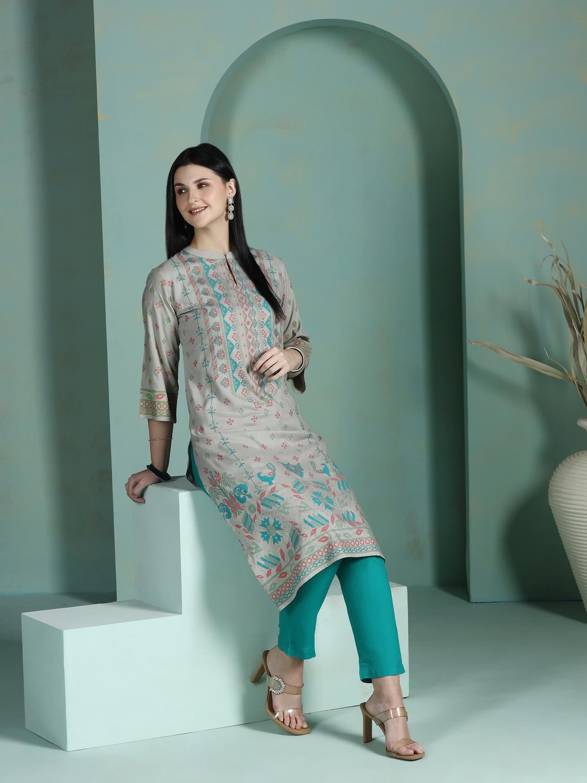 Liva Grey Placement Print Kurta