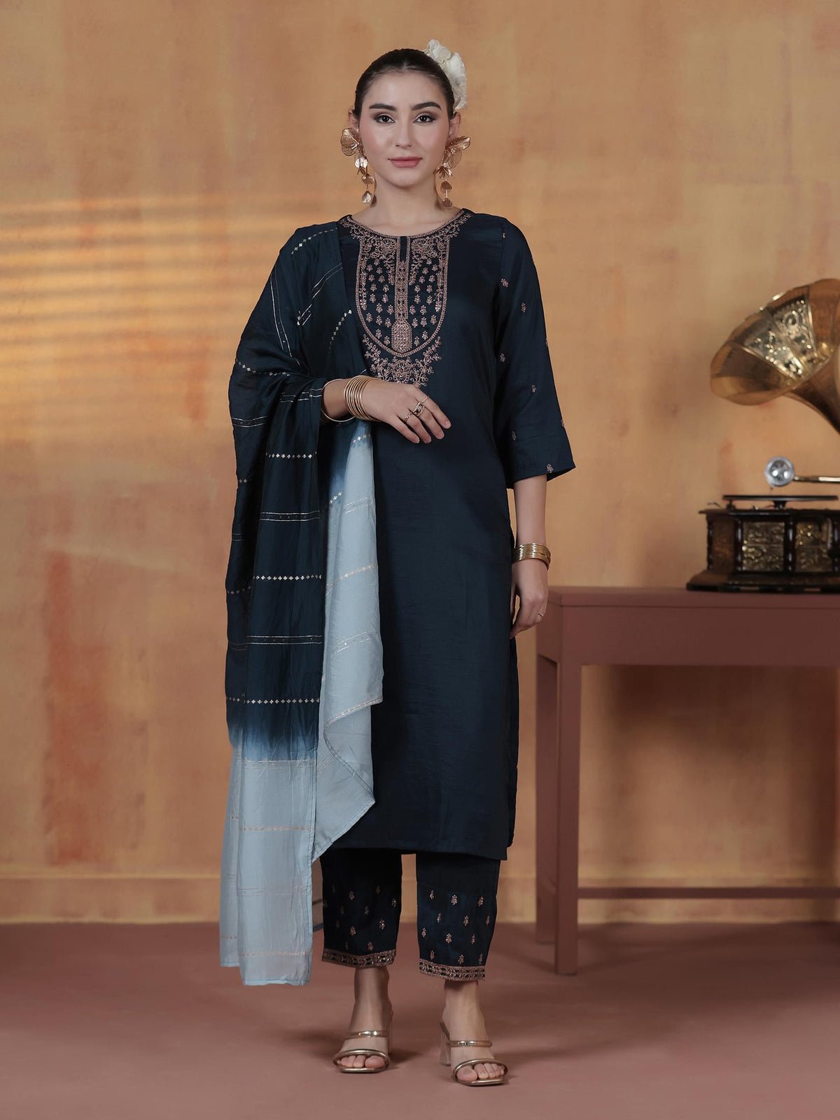 Chinon Navy Blue Embroidered Kurta Comfort Pant Dupatta